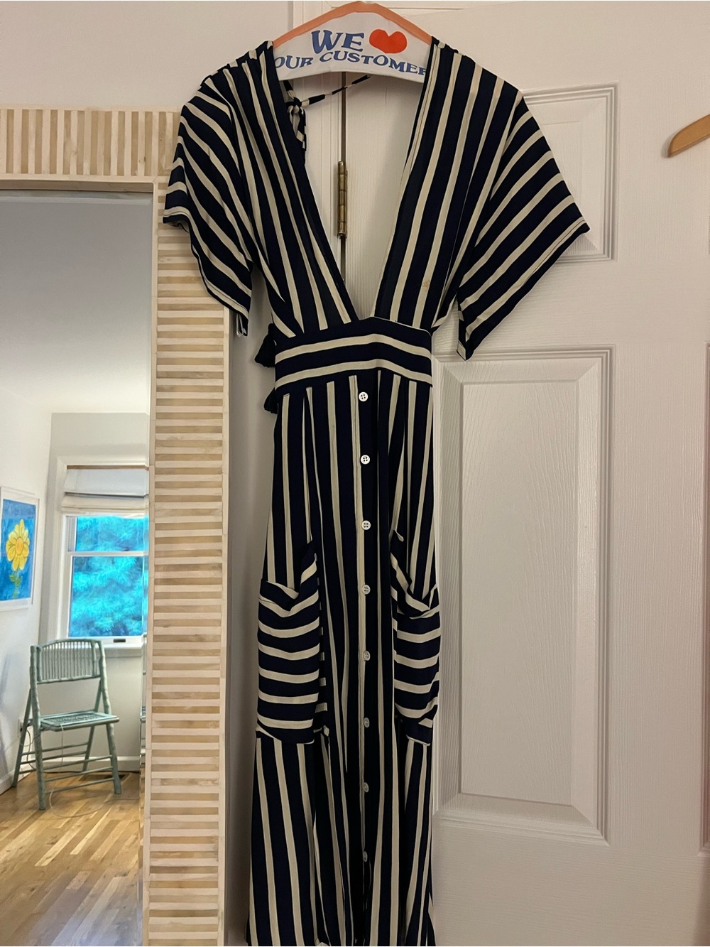 Faithfull the Brand Black and Cream and Navy Striped Midi Dress